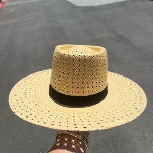 Janessa Leone Perforated Tan Hat with Black Band